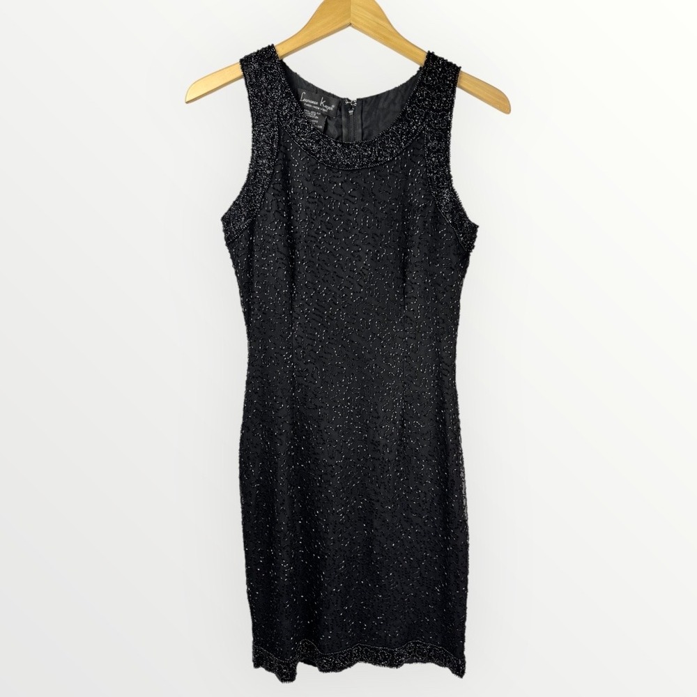 Laurence Kazar Vintage Beaded Silk Dress Black Sequin Cocktail Sheath Size Small